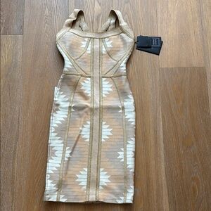 Herve Leger Arizona Apricot Metallic Tribal Bandage Bodycon Mini Dress